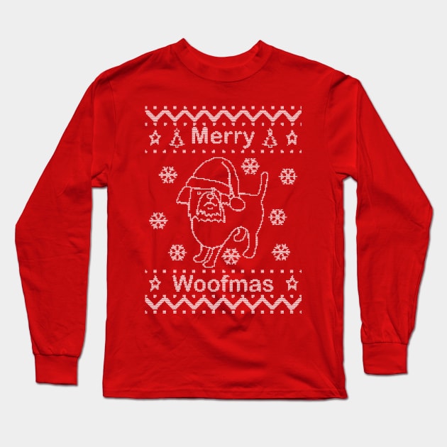 Cute Dog says Merry Woofmas on Ugly Christmas Sweaters Long Sleeve T-Shirt by ellenhenryart